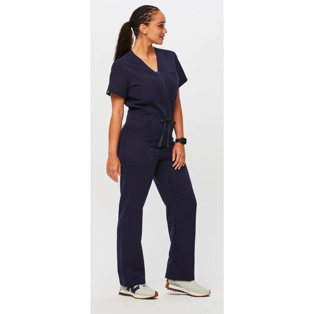 FIGS Women's Catarina Straight Leg Jumpsuit Scrubs Black size Medium Zip Up Tie